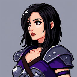 A gothic pixel art portrait inspired by Castlevania, depicting a woman with semi-long black hair