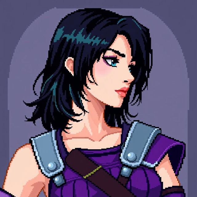 A gothic pixel art portrait inspired by Castlevania, depicting a woman with semi-long black hair