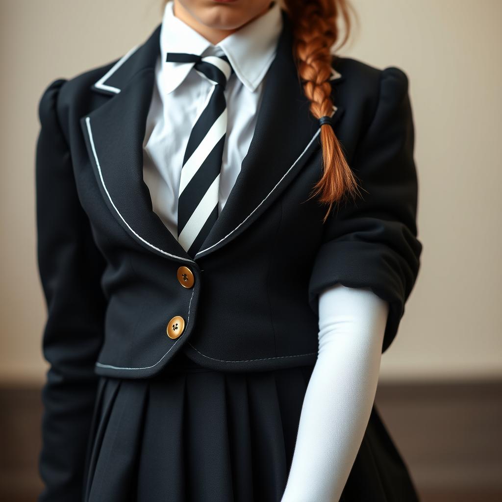 An ultra-realistic portrait of a European schoolgirl, elegantly dressed in a very tight and perfectly fitting school uniform