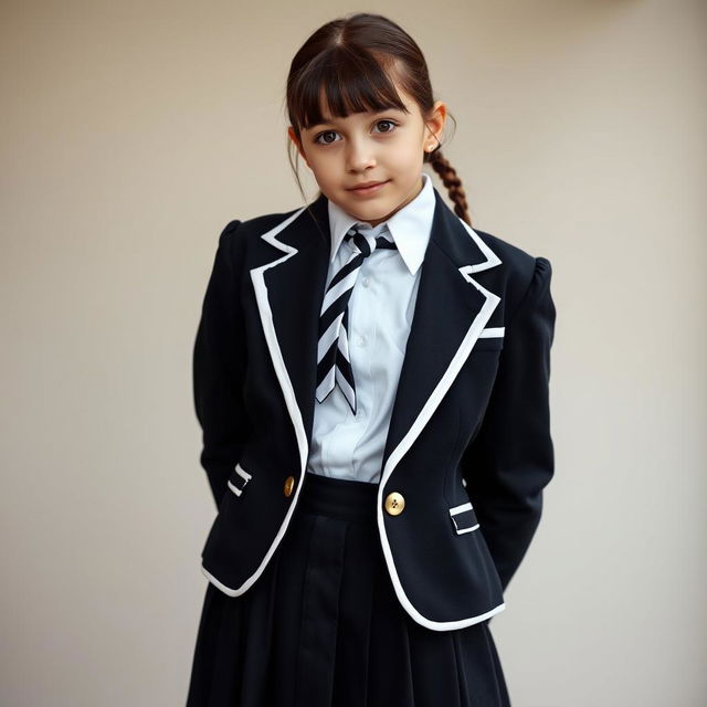 An ultra-realistic portrait of a European schoolgirl, elegantly dressed in a very tight and perfectly fitting school uniform