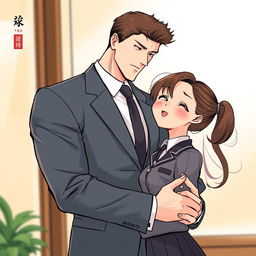 A striking illustration in Chinese manhua art style featuring a tall, fit man of half-Korean, half-Russian descent wearing a tailored suit