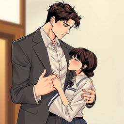 A striking illustration in Chinese manhua art style featuring a tall, fit man of half-Korean, half-Russian descent wearing a tailored suit