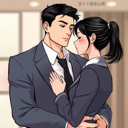 A striking illustration in Chinese manhua art style featuring a tall, fit man of half-Korean, half-Russian descent wearing a tailored suit