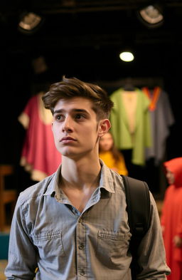 A thoughtful young man in his mid-twenties, dressed in casual university attire, standing in a dimly lit theater surrounded by colorful props and costumes