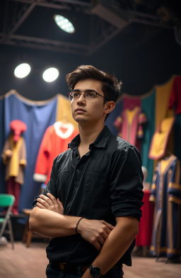A thoughtful young man in his mid-twenties, dressed in casual university attire, standing in a dimly lit theater surrounded by colorful props and costumes