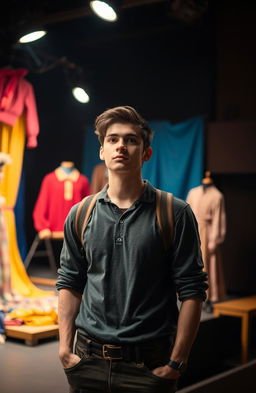 A thoughtful young man in his mid-twenties, dressed in casual university attire, standing in a dimly lit theater surrounded by colorful props and costumes