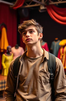 A thoughtful young man in his mid-twenties, dressed in casual university attire, standing in a dimly lit theater surrounded by colorful props and costumes