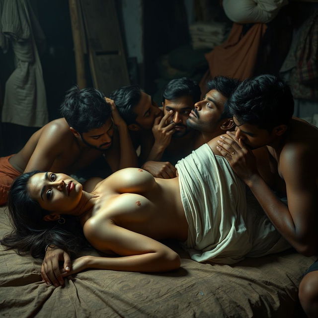 An intimate and provocative scene featuring a woman inspired by Nushrat Bharucha, lying on a worn bed in a dimly lit slum environment