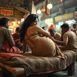 An evocative scene depicting a woman inspired by Nushrat Bharucha, turning onto her side on a traditional khatiya (cot) at a roadside dhaba (eating place)