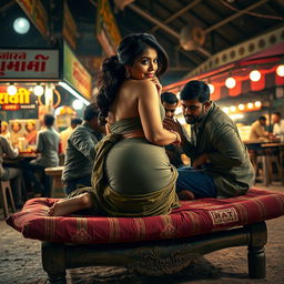 An evocative scene depicting a woman inspired by Nushrat Bharucha, turning onto her side on a traditional khatiya (cot) at a roadside dhaba (eating place)