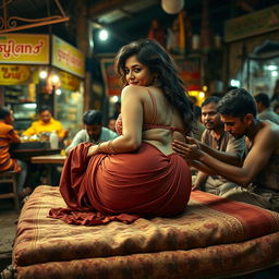 An evocative scene depicting a woman inspired by Nushrat Bharucha, turning onto her side on a traditional khatiya (cot) at a roadside dhaba (eating place)