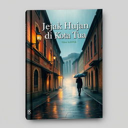 A beautiful book cover design for 'Jejak Hujan di Kota Tua' featuring an enchanting old city scene