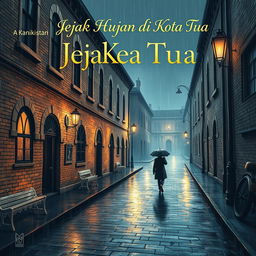 A beautiful book cover design for 'Jejak Hujan di Kota Tua' featuring an enchanting old city scene