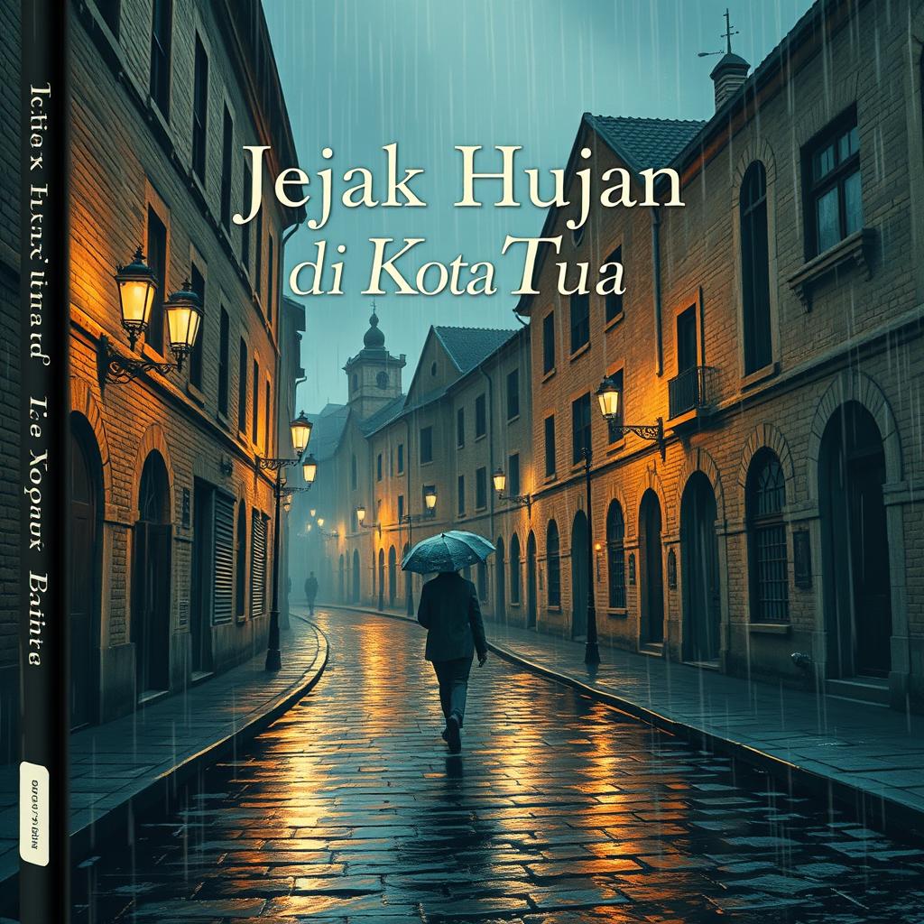 A beautiful book cover design for 'Jejak Hujan di Kota Tua' featuring an enchanting old city scene