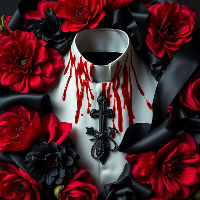 A striking arrangement featuring a clergy collar adorned with blood stains, symbolizing a dark and mysterious theme