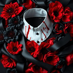 A striking arrangement featuring a clergy collar adorned with blood stains, symbolizing a dark and mysterious theme