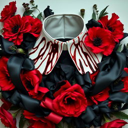 A striking arrangement featuring a clergy collar adorned with blood stains, symbolizing a dark and mysterious theme