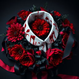 A striking arrangement featuring a clergy collar adorned with blood stains, symbolizing a dark and mysterious theme