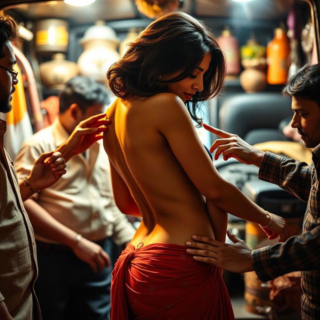 A seductive Indian woman resembling Nushrat Bharucha, bending over in an inviting manner, turning to the side to reveal her side breast