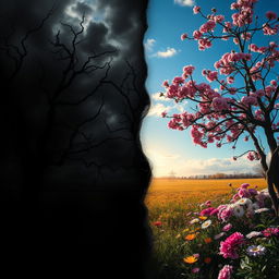 A captivating book cover design for a dark romance novel, featuring a split composition