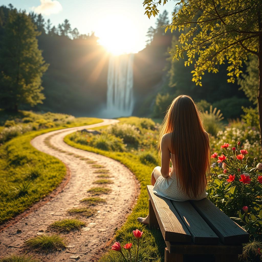 A serene landscape featuring a winding path leading to a majestic waterfall in the background