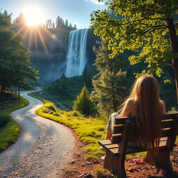 A serene landscape featuring a winding path leading to a majestic waterfall in the background