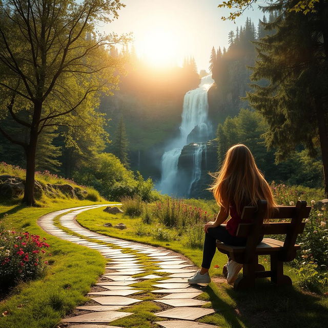 A serene landscape featuring a winding path leading to a majestic waterfall in the background