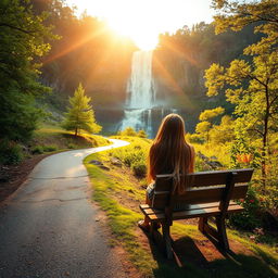 A serene landscape featuring a winding path leading to a majestic waterfall in the background