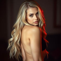 A realistic photo of a beautiful woman with long blonde hair and striking red eyes