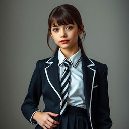 An ultra-realistic portrait of a European schoolgirl, dressed in a very tight and perfectly fitting school uniform