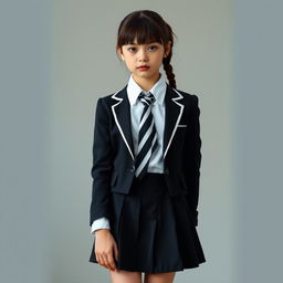An ultra-realistic portrait of a European schoolgirl, dressed in a very tight and perfectly fitting school uniform