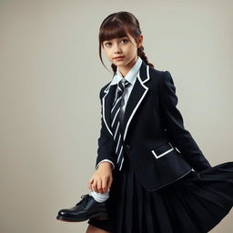 An ultra-realistic portrait of a European schoolgirl, dressed in a very tight and perfectly fitting school uniform