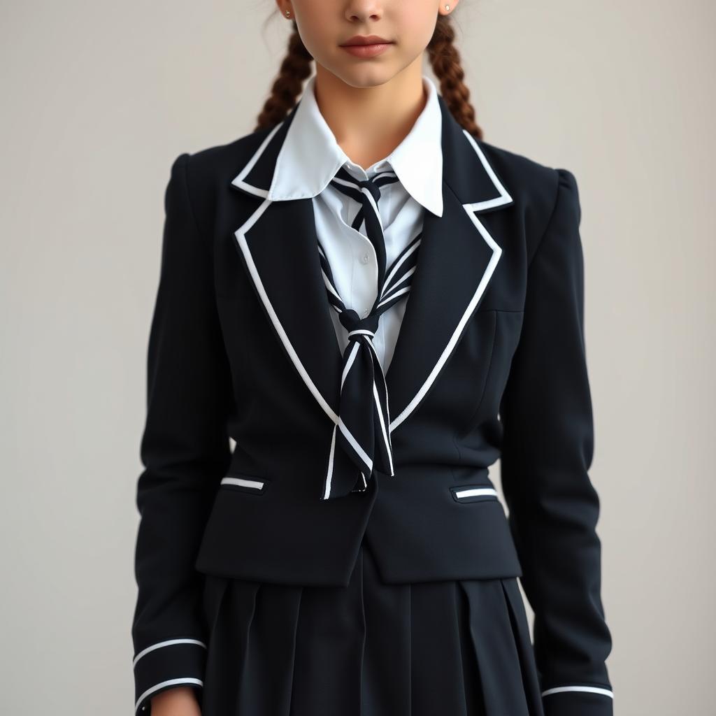 An ultra-realistic portrait of a European schoolgirl, dressed in a very tight and perfectly fitting school uniform