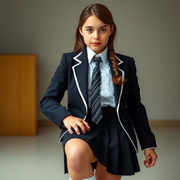 An ultra-realistic portrait of a European schoolgirl, dressed in a very tight and perfectly fitting school uniform