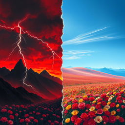 A breathtaking and dramatic illustration for a dark romance book cover, featuring a split landscape