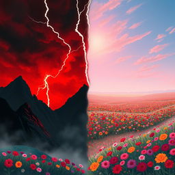 A breathtaking and dramatic illustration for a dark romance book cover, featuring a split landscape