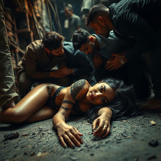 A dramatic and captivating scene depicting a sensual woman inspired by Nushrat Bharucha, portrayed as a confident figure in a gritty urban environment