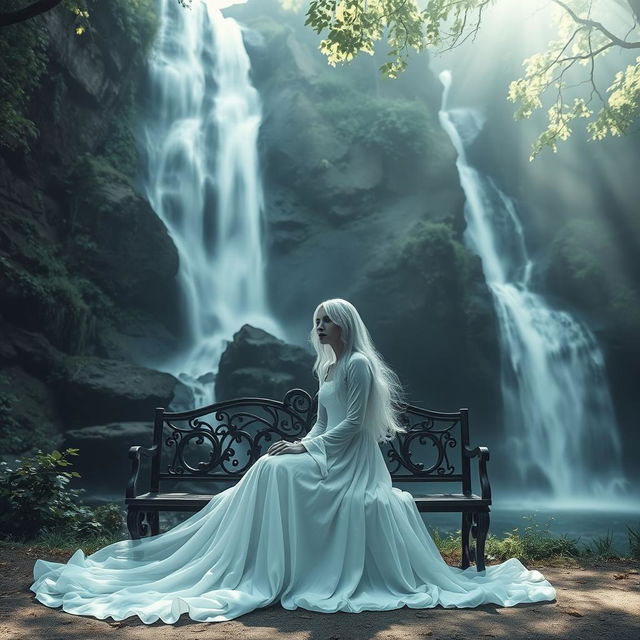 A ghostly woman with a flowing white gown sitting on a vintage bench in front of a stunning waterfall