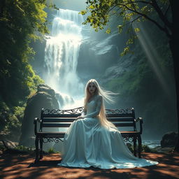 A ghostly woman with a flowing white gown sitting on a vintage bench in front of a stunning waterfall