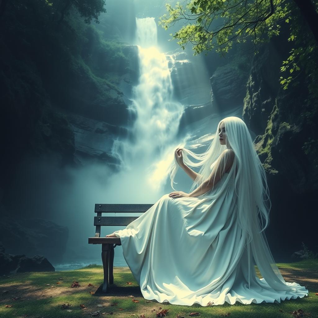 A ghostly woman with a flowing white gown sitting on a vintage bench in front of a stunning waterfall