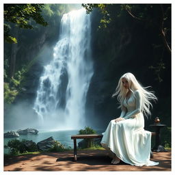 A ghostly woman with a flowing white gown sitting on a vintage bench in front of a stunning waterfall