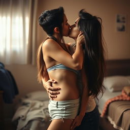 A sensual scene depicting a college girl inspired by an actress with a similar appearance to Nushrat Bharucha, captured in a dormitory room