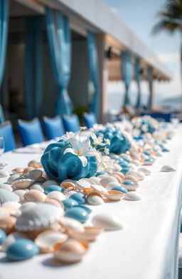 An elegant and formal setting featuring a beautifully arranged table adorned with blue seashells