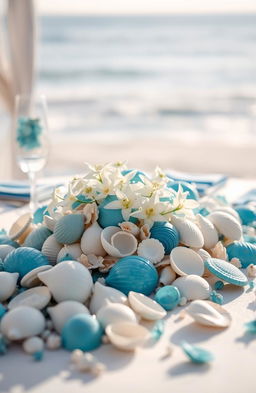 An elegant and formal setting featuring a beautifully arranged table adorned with blue seashells