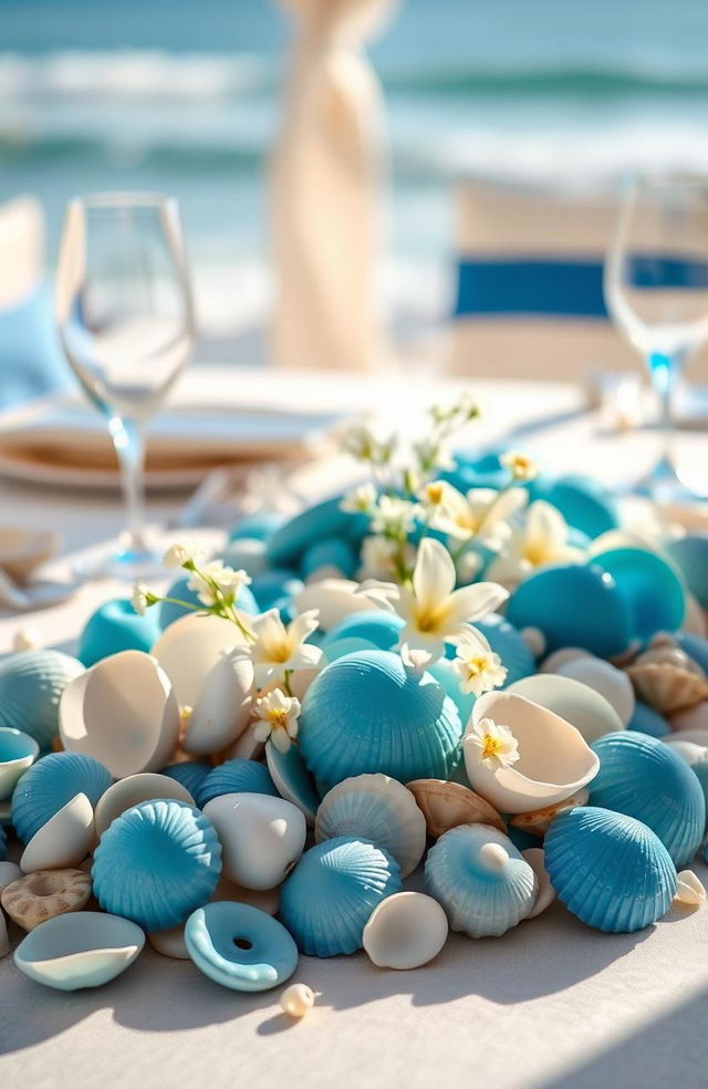 An elegant and formal setting featuring a beautifully arranged table adorned with blue seashells