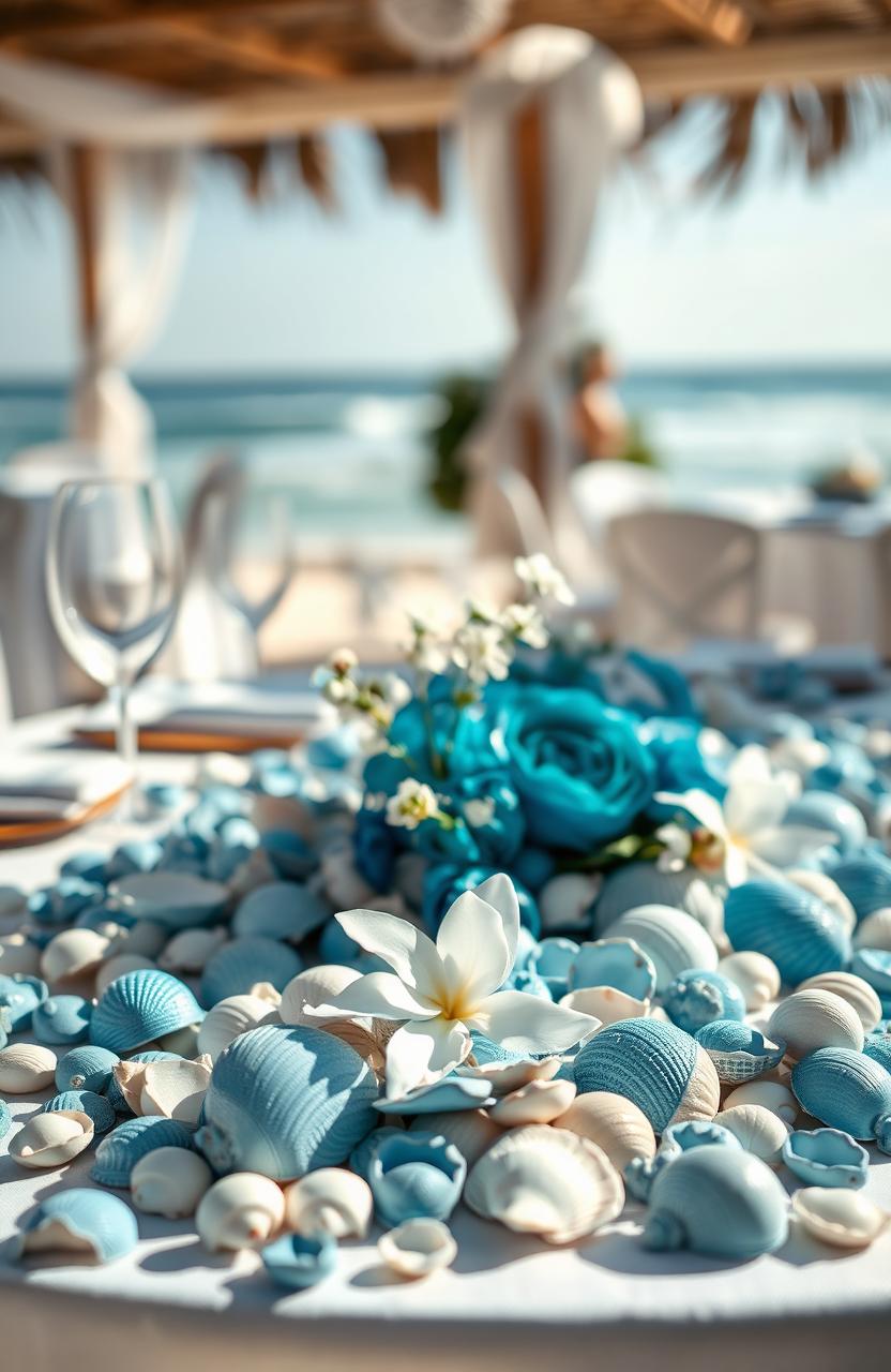 An elegant and formal setting featuring a beautifully arranged table adorned with blue seashells