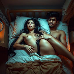A sensual scene featuring a college girl inspired by an actress with a similar appearance to Nushrat Bharucha, lying completely nude on a cozy bed in a softly lit dormitory room