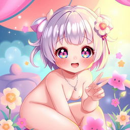 A cute anime girl depicted in a vibrant, colorful art style, fully nude with an adorable expression on her face, featuring big sparkling eyes, pastel hair, and playful facial features, playfully interacting with a whimsical setting