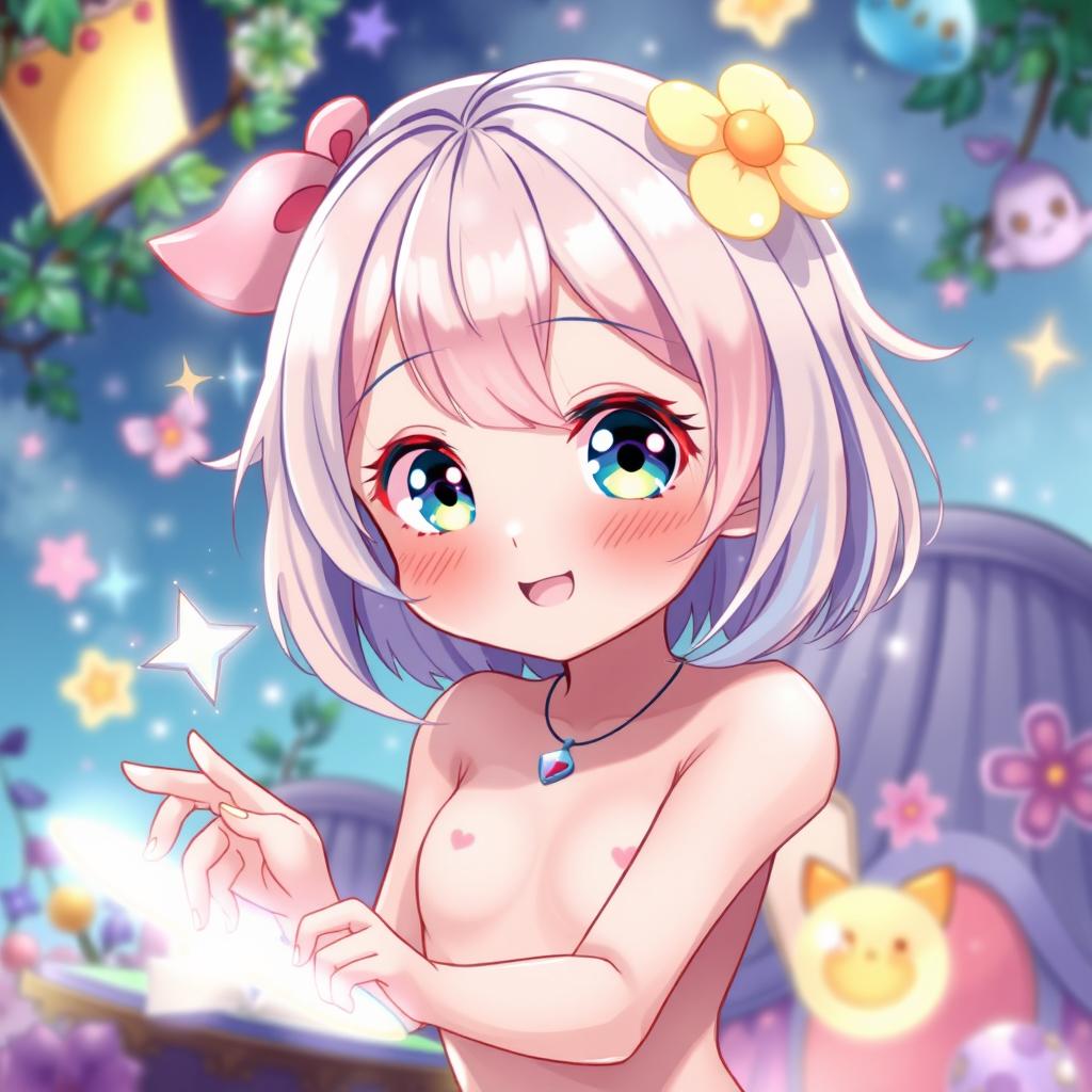 A cute anime girl depicted in a vibrant, colorful art style, fully nude with an adorable expression on her face, featuring big sparkling eyes, pastel hair, and playful facial features, playfully interacting with a whimsical setting