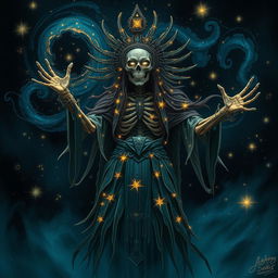 A fierce and haunting depiction of a Tzitzimitl, a mythical figure from Aztec mythology known as a star goddess associated with the night sky